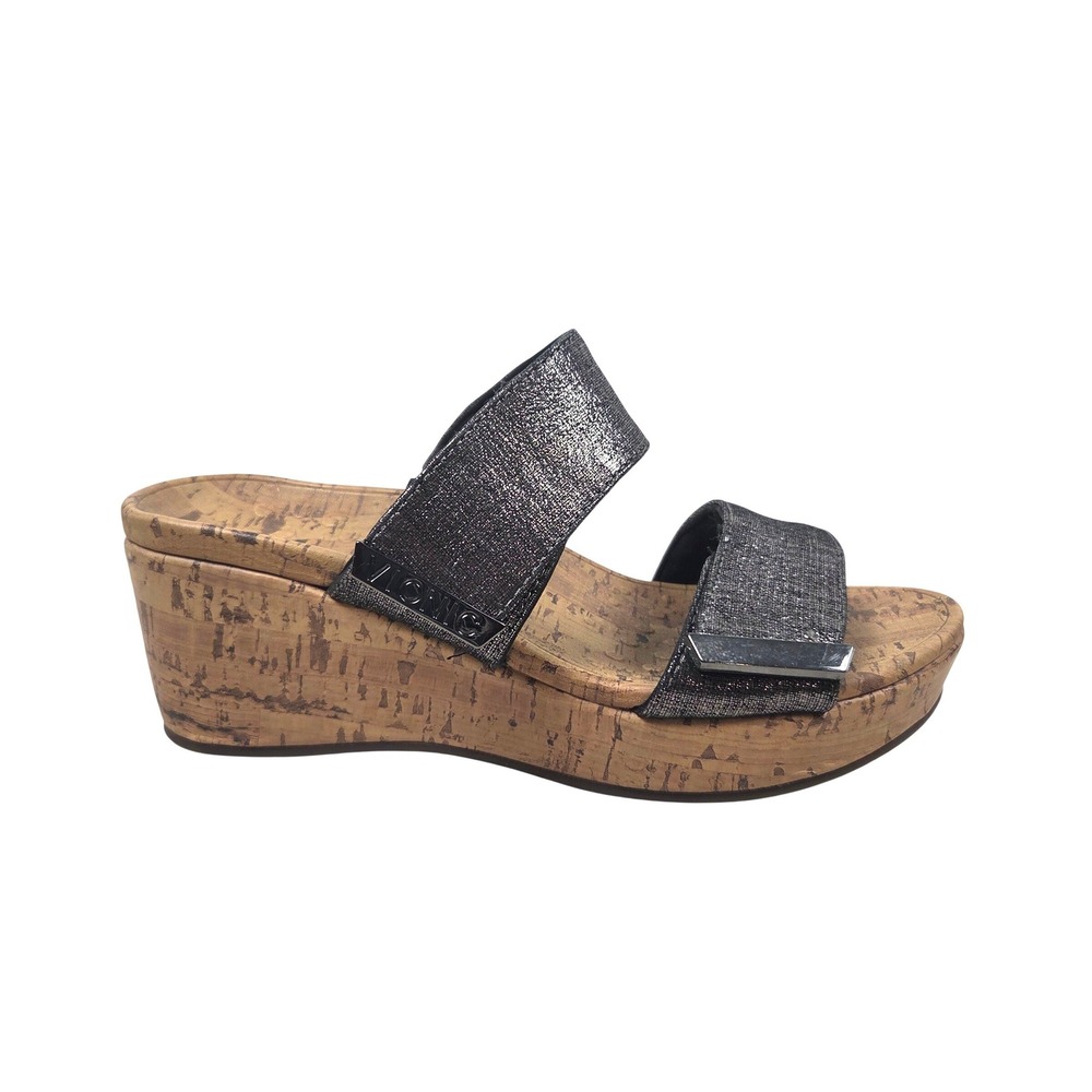 Vionic Pepper Foil Black Pewter Metallic Cork Wedge Orthopedic Sandals 6 Wide